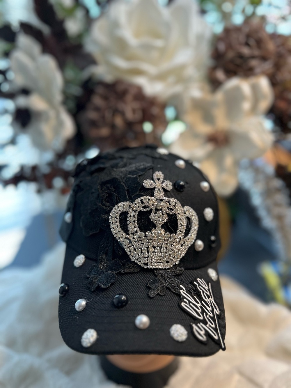 Embellished Black Crown Baseball Cap - Designer Style